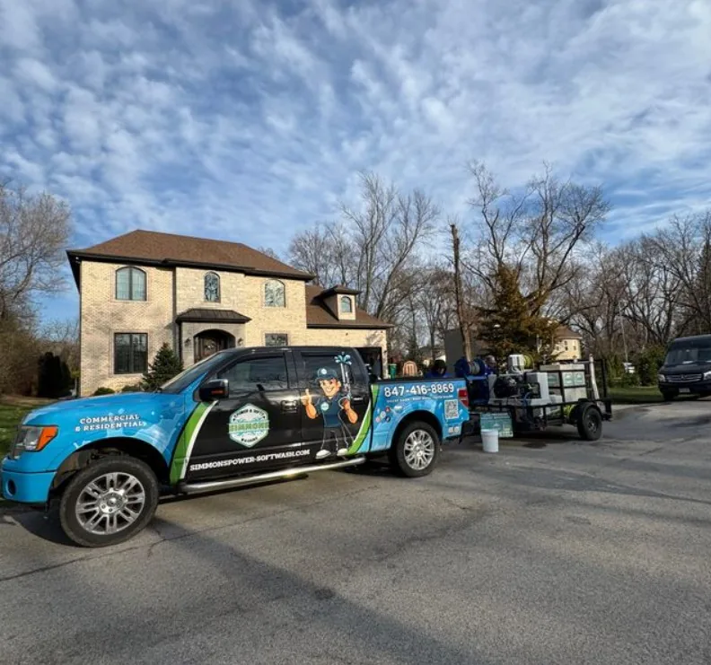 A Simmons truck and trailer at a customer's home